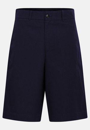 Pantalones cortos azul marino oscuro hasta la rodilla con trabillas para cinturón, cierre de un solo botón y un diseño limpio y sencillo.