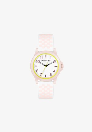 Lacoste klocka med ett vit och rosa rutat silikonarmband, rund boett, vit urtavla, gula accenter och lila timmarkeringar.