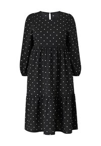 Vestido negro con lunares, de manga larga, escote redondo, detalle de ojal en la espalda y falda con volantes. Hecho de una tela ligera con acabado texturado.