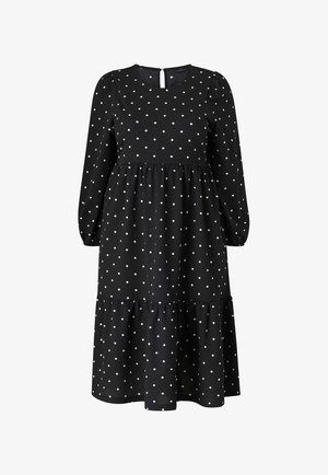 Schwarzes Kleid mit Polka-Dots, langen Ärmeln, rundem Ausschnitt, einer Schlüsselöffnungs-Details am Rücken und gestuftem Rock. Hergestellt aus leichtem Stoff mit strukturierter Oberfläche.