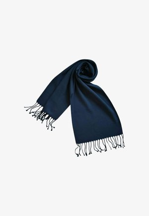 Écharpe bleu marine en tissu doux, avec des bords frangés et une texture lisse. Enroulée en forme lâche.