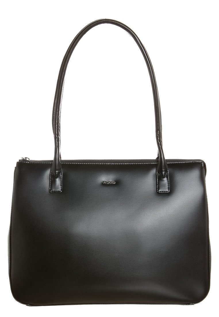 Zwarte lederen handtas met twee lange hengsels, gladde textuur, rechthoekige vorm en een subtiel logo aan de voorkant. Bovenkant met ritssluiting.