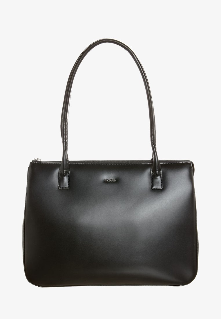 Zwarte lederen handtas met twee lange hengsels, gladde textuur, rechthoekige vorm en een subtiel logo aan de voorkant. Bovenkant met ritssluiting.