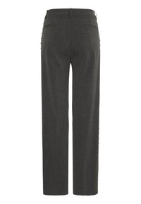 Pantaloni eleganti dritti grigio scuro con tasche a filetto posteriori e dettagli con bottoni lungo le cuciture laterali esterne.