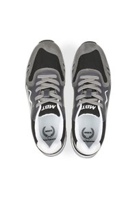 Black and gray athletic shoes with a mesh upper, suede accents, and a white sole; features sturdy laces and a logo on the tongue.
