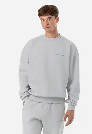 Lysegrå sweatshirt lavet af blødt stof med rund hals, ribbede manchetter og et lille logo på brystet. Løs pasform for komfort.