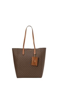 Borsa a spalla marrone con motivo a monogramma, dettagli in pelle e due manici marroni. Presenta una pochette marrone rimovibile con un dettaglio del logo.