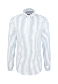 Hellblau-weiß gestreiftes Hemd mit langen Ärmeln. Hergestellt aus gewebtem Stoff, verfügt über einen Button-Down-Kragen und kontrastierend gestreifte Manschetten.