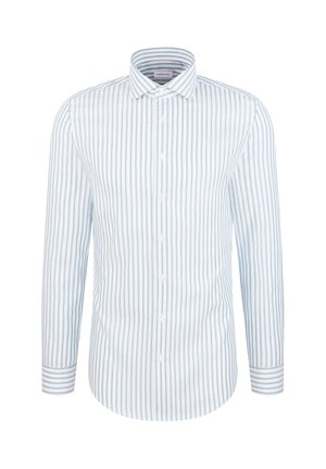 Hellblau-weiß gestreiftes Hemd mit langen Ärmeln. Hergestellt aus gewebtem Stoff, verfügt über einen Button-Down-Kragen und kontrastierend gestreifte Manschetten.