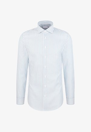 Hellblau-weiß gestreiftes Hemd mit langen Ärmeln. Hergestellt aus gewebtem Stoff, verfügt über einen Button-Down-Kragen und kontrastierend gestreifte Manschetten.