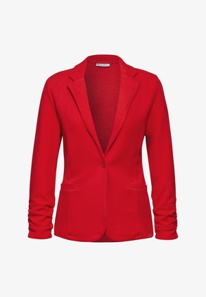 Blazer rosso con revers, chiusura a un bottone e due tasche anteriori. Realizzato in tessuto morbido con un design aderente e maniche lunghe.