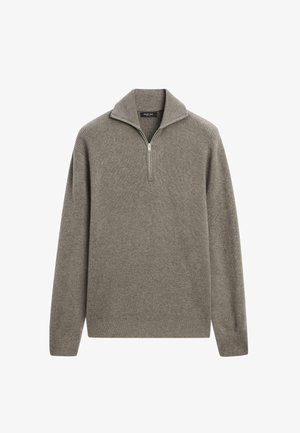 Maglione marrone chiaro a coste con mezza cerniera e colletto sciallato. Presenta maniche lunghe e un materiale lavorato a maglia testurizzato.