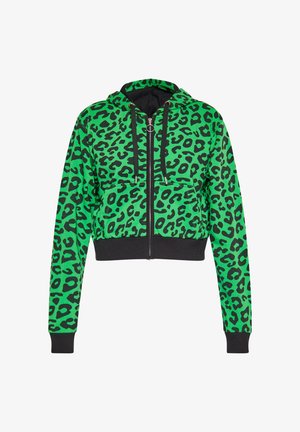 Grüner Cropped-Hoodie mit einem schwarzen Leopardenmuster, einem Reißverschluss vorne, Kapuze mit Zugband und schwarzen gerippten Bündchen und Saum.