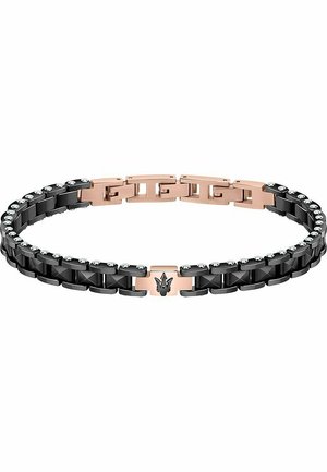 Bracciale in metallo nero con hardware in oro rosa, caratterizzato da maglie alternate opache e lucide, e dettagli in cristallo lungo i bordi.