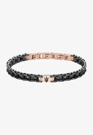 Bracciale in metallo nero con hardware in oro rosa, caratterizzato da maglie alternate opache e lucide, e dettagli in cristallo lungo i bordi.