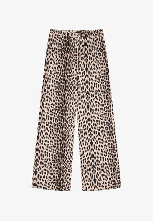 Weiter Beinhosen im Leopardenmuster, mit einem hellbeigen Hintergrund und schwarzen sowie braunen Flecken, aus einem strukturierten Stoff gefertigt.