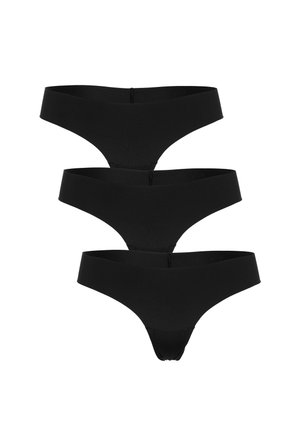Tre pezzi di perizoma nero senza cuciture impilati verticalmente su uno sfondo bianco.