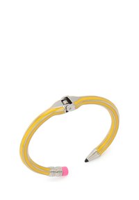 Yellow pencil-shaped bracelet with silver-tone accents, featuring a pink eraser end and a pencil lead tip, crafted from metal.