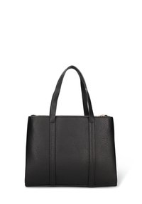 Sac à main en cuir texturé noir avec deux poignées et une forme rectangulaire structurée sur fond blanc.