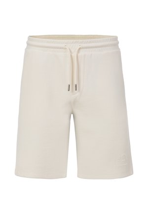 Kremowe, casualowe szorty z elastycznym pasem, sznurkami do regulacji i subtelnym logo na dolnej lewej nogawce.