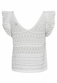 Top de punto blanco con un escote en V profundo, mangas cortas con volantes y patrones texturizados. La tela presenta elementos de diseño de punto abierto.