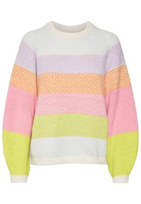 Pull tricoté multicolore avec des rayures horizontales en bleu, rose, orange et vert. Comprend un col rond et des poignets côtelés.