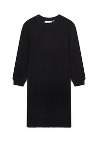 Schwarzes, geripptes Strickkleid mit rundem Ausschnitt, langen Ärmeln und seitlichen Schlitzen. Hergestellt aus einem weichen, strukturierten Strickmaterial.