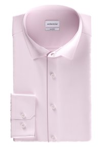 Camicia rosa chiaro con un motivo a spina di pesce testurizzato, colletto button-down e polsini con un bottone. Presenta bottoni bianchi e un'etichetta.