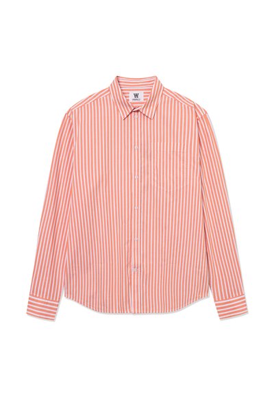 Long-sleeve button-up shirt with orange and white vertical stripes and a single chest pocket on a white background.
