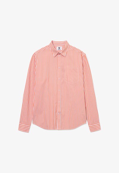 Long-sleeve button-up shirt with orange and white vertical stripes and a single chest pocket on a white background.