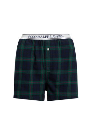 Un caleçon en plaid bleu foncé, avec des lignes vertes et rouges, doté d'une ceinture élastique blanche portant l'inscription "POLO RALPH LAUREN." Fermeture à bouton sur le devant.