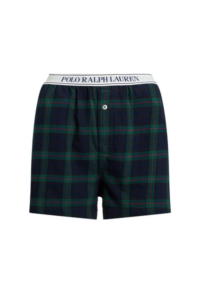 Boxershorts i mörkblå rutigt mönster, med gröna och röda linjer, samt en vit elastisk midjeband märkt "POLO RALPH LAUREN." Framsknappsstängning.