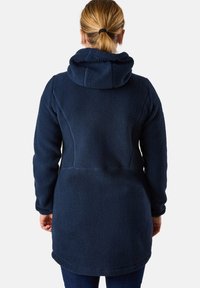 Navy fleece jacket with a hood, featuring a textured surface, long sleeves, and a slightly curved hem at the back.
