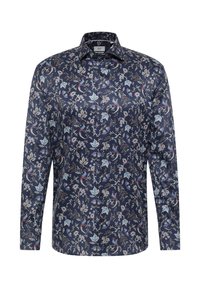 Camicia a maniche lunghe blu navy in tessuto liscio, con stampa floreale e di uccelli in tonalità di blu, crema e rosso. Collo classico e chiusura con bottoni.