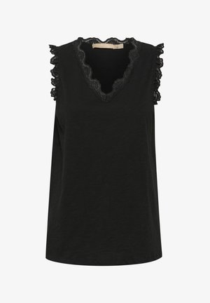 Juodas be rankovių marškinėlis su V formos iškirpte ir nėriniu aplink iškirptę bei raukšlėmis ant pečių. Minkšta medžiaga su laisvu siluetu.