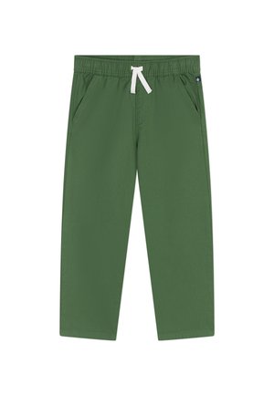 Pantalon vert léger avec taille élastique, cordon de serrage blanc, et deux poches latérales, présentant une coupe droite et une texture lisse.