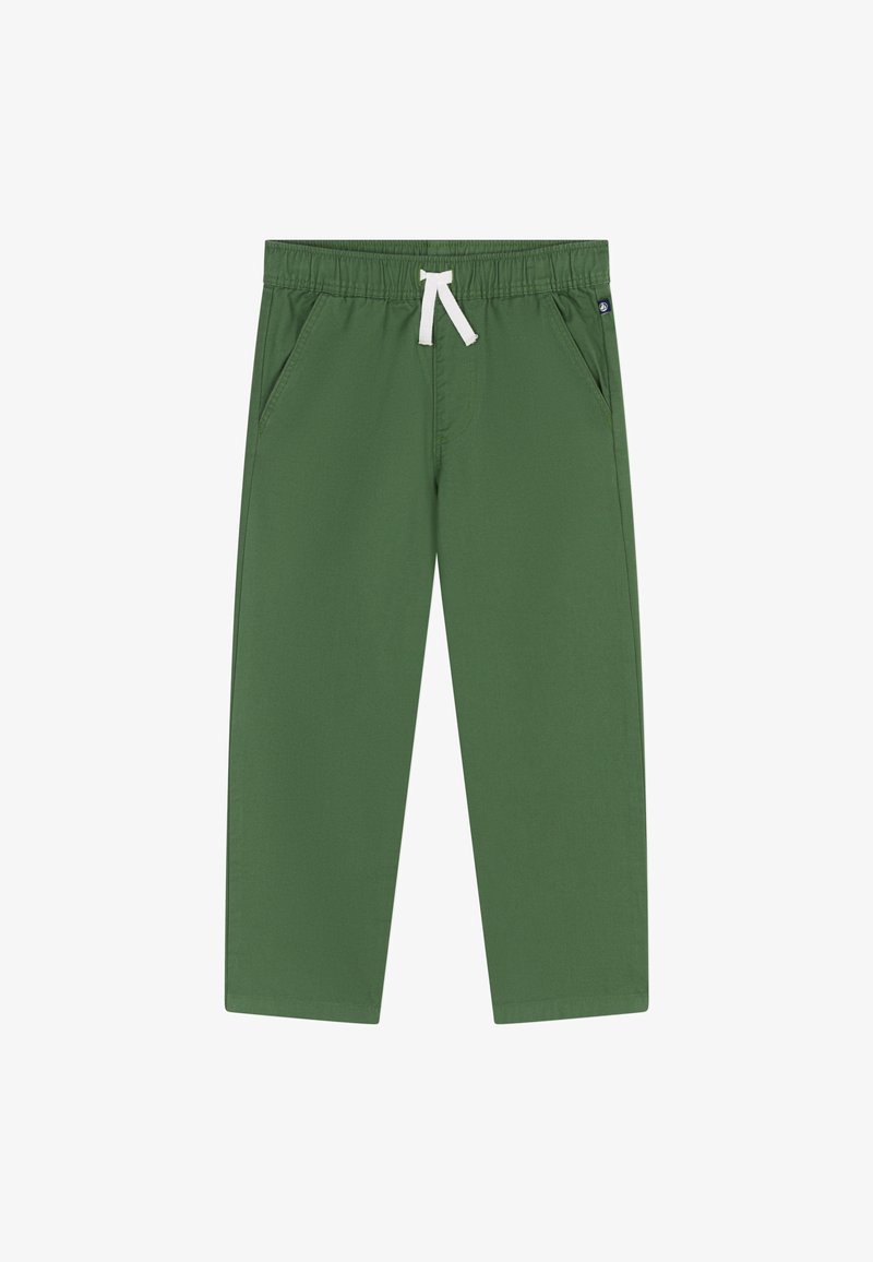 Zielone, lekkie spodnie z elastycznym pasem, białym sznurkiem i dwoma bocznymi kieszeniami, o prostym kroju nogawek i gładkiej teksturze.