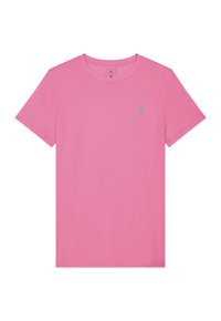 T-shirt rose à manches courtes col rond avec petit logo gris sur la poitrine gauche, présenté sur fond blanc.