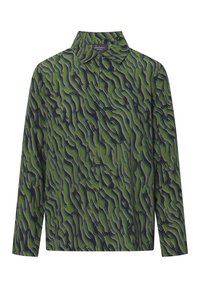 Camicia a maniche lunghe verde e blu a fantasia con colletto, caratterizzata da un design ondulato e un tessuto strutturato.