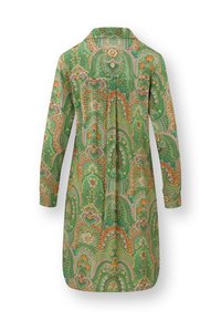 Long-sleeve green dress with intricate orange, yellow, and blue floral paisley pattern, buttoned cuffs, and back pleat detail.