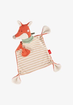 Peluche di volpe morbido con corpo in coperta a strisce beige, sciarpa verde al collo e orecchie testurizzate e nodi sulla coda per il comfort del bambino.