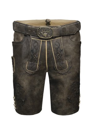 Pantalones cortos tradicionales de cuero marrón oscuro con bordados detallados, solapa frontal, bolsillos laterales, puños en las piernas con botones y cinturón con hebilla con diseño de ciervo.