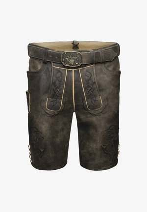 Pantalones cortos tradicionales de cuero marrón oscuro con bordados detallados, solapa frontal, bolsillos laterales, puños en las piernas con botones y cinturón con hebilla con diseño de ciervo.