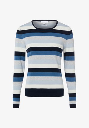 Sweter w paski z poziomymi pasami w kolorze granatowym, jasnoniebieskim, szarym i białym. Wykonany z dzianiny, z okrągłym dekoltem i długimi rękawami.