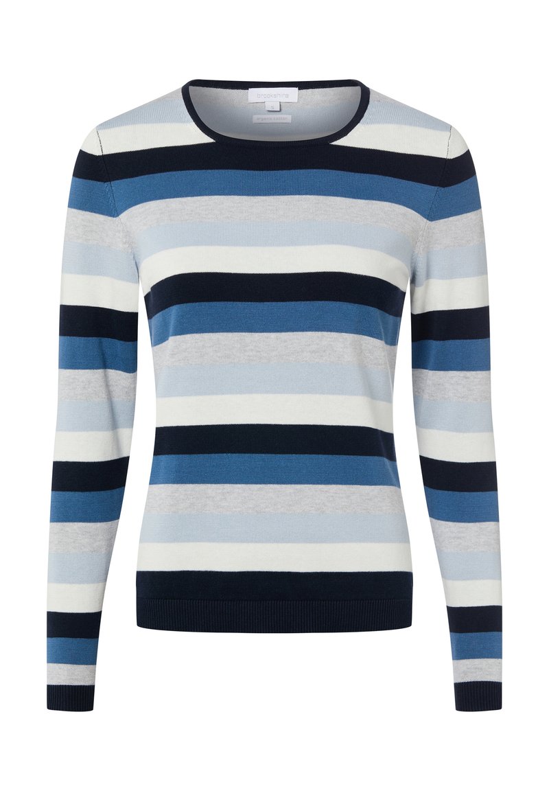 Pull rayé présentant des bandes horizontales en bleu marine, bleu clair, gris et blanc. Confectionné en tissu tricoté avec un col rond et des manches longues.