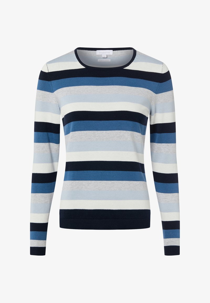 Pull rayé présentant des bandes horizontales en bleu marine, bleu clair, gris et blanc. Confectionné en tissu tricoté avec un col rond et des manches longues.