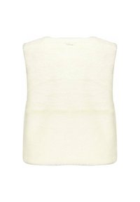 Witte faux fur gilet met een zachte textuur, rechthoekige vorm en een gladde afwerking, zonder zichtbare sluitingen of extra details.