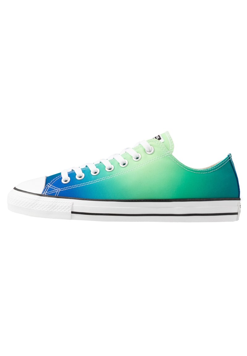 Low-top sneakers featuring an ombre pattern transitioning from blue to green, white laces, rubber sole, and a black accent along the bottom.
