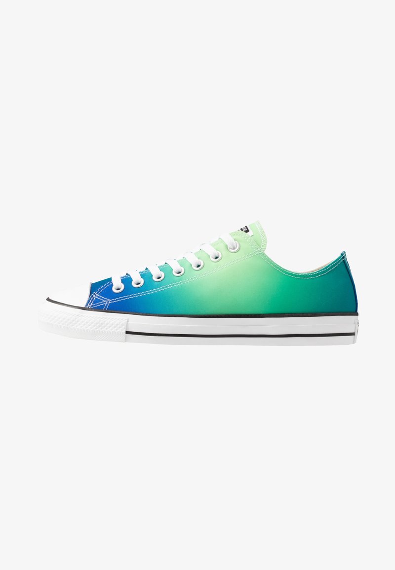 Low-top sneakers featuring an ombre pattern transitioning from blue to green, white laces, rubber sole, and a black accent along the bottom.