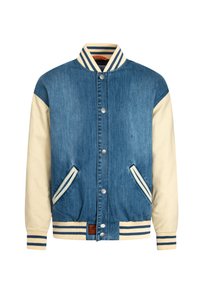 Veste bomber en denim et crème avec un col côtelé, des boutons pression en argent, des poches latérales avec des accents et des poignets rayés.